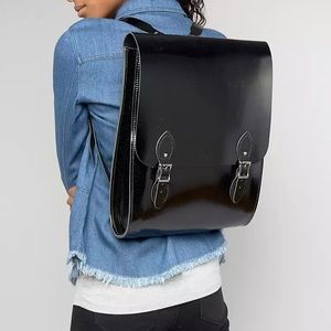 Leather satchel company medium rounded backpack in black patent